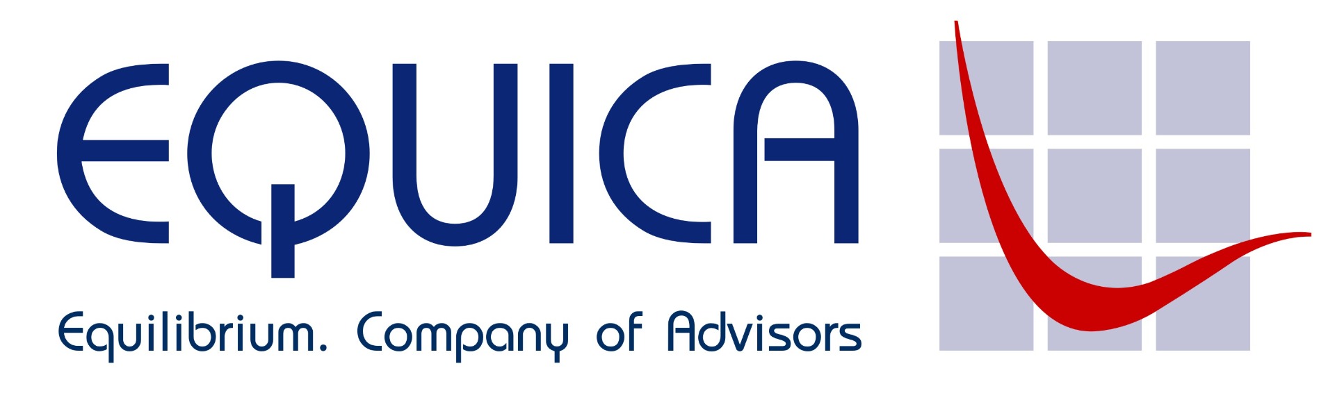 Logo Equilibrium, nápis Company of Advisors, červená křivka nad mřížkou čtverců.